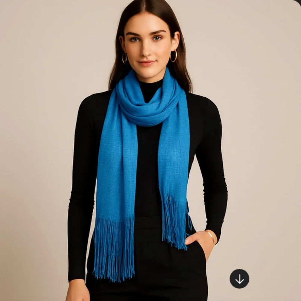 Kimberly C. Metallic Blue Fringe Scarf – Statement Evening Wrap